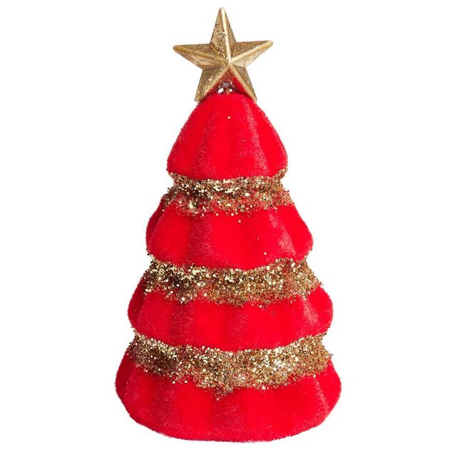 Sapin velours rouge et pailleté doré à poser Ø10,5xH19cm