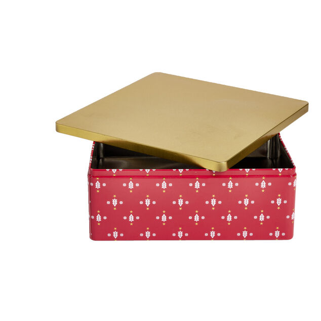 Boîte alimentaire carrée motif Noël métal rouge et dorée 26x26xH10cm