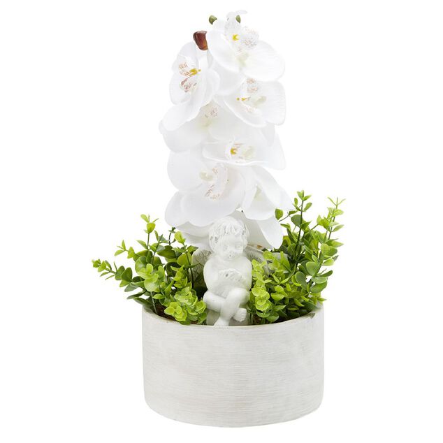 Fleur artificielle orchid&eacute;e dans pot en ciment H40 cm blanc