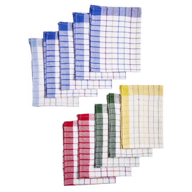 Lot de 10 torchons &agrave; carreaux en coton et polyester 70x45cm