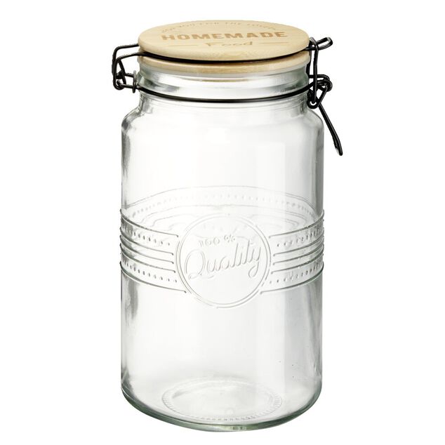 Bocal herm&eacute;tique rond transparent avec couvercle en bambou H20 cm