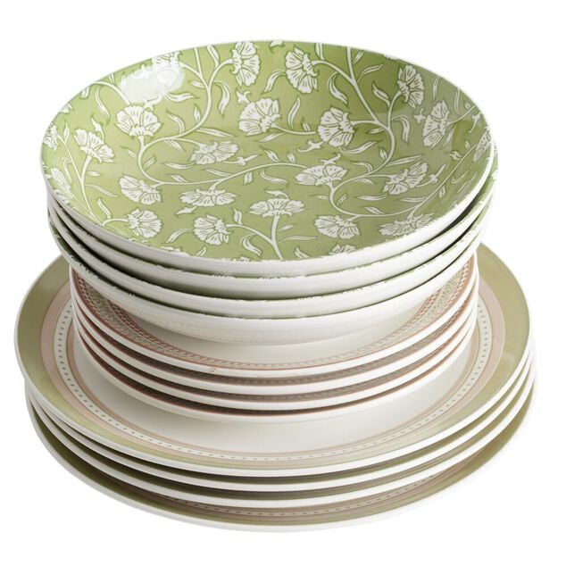 Service vaisselle porcelaine 4 personnes 12 pi&egrave;ces motif floral vert et beige