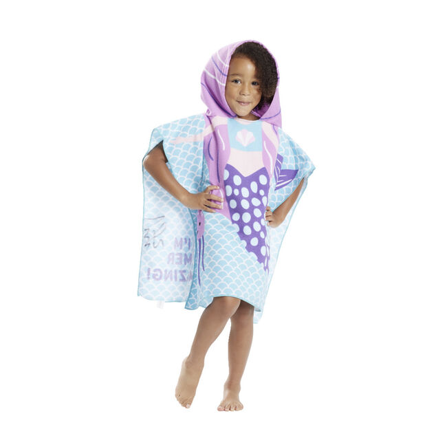 Poncho sortie de plage enfant avec capuche motif sir&egrave;ne bleu 60x60xH120cm