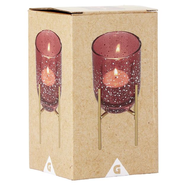 Bougeoir en verre rouge sur pied en m&eacute;tal dor&eacute;