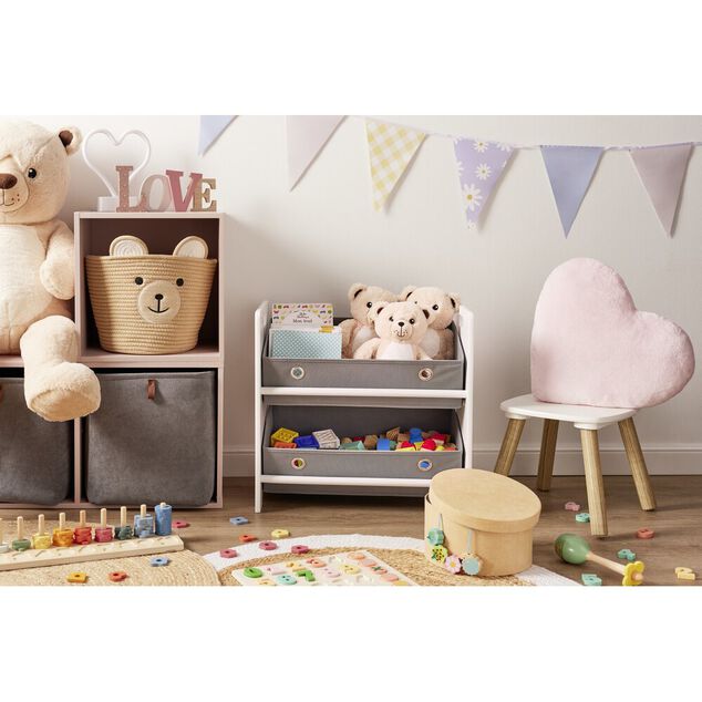 Meuble de rangement enfant 2 niveaux bois blanc et pani&egrave;res grises 50x30xH48cm