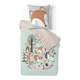 Parure de lit enfant 1 personne 140x200cm r&eacute;versible motif for&ecirc;t renard vert
