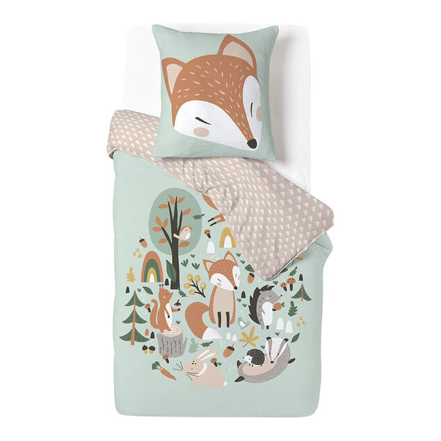 Parure de lit enfant 1 personne 140x200cm r&eacute;versible motif for&ecirc;t renard vert