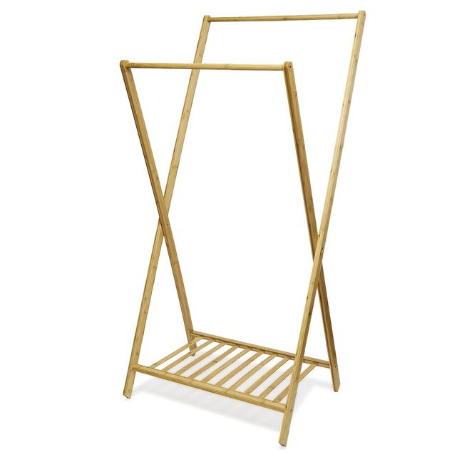 Portant double en bambou avec &eacute;tag&egrave;re pour accessoires 70x55xH150cm