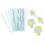 Paille bleu et &eacute;tiquette &eacute;toile en papier x 24