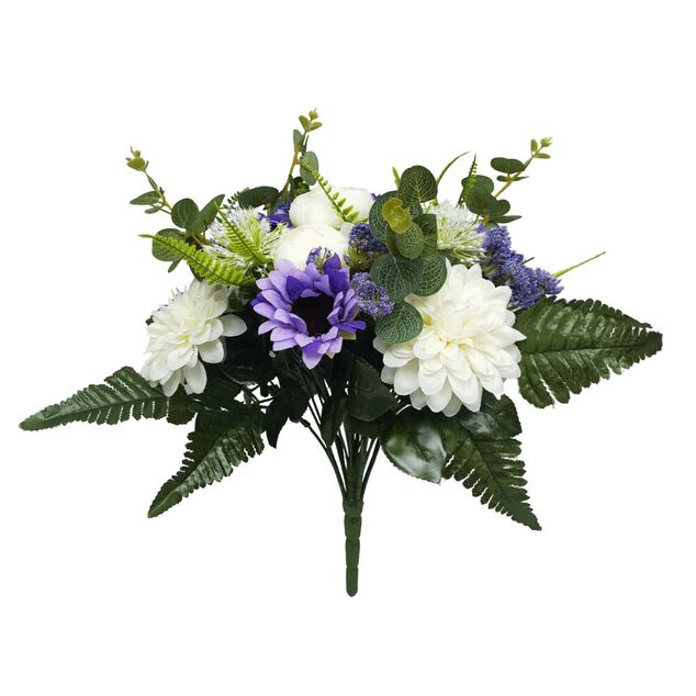Fleur artificielle piquet dalhia/cam&eacute;lia/eucalyptus blanc et violet 23 t&ecirc;tes