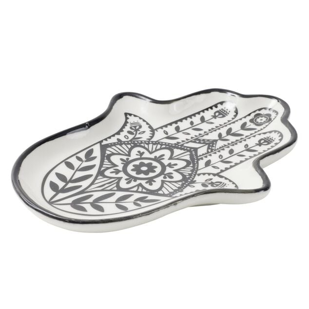 Vide poche arabesque main de Fatma c&eacute;ramique blanc et noir 11x8xH1,5cm