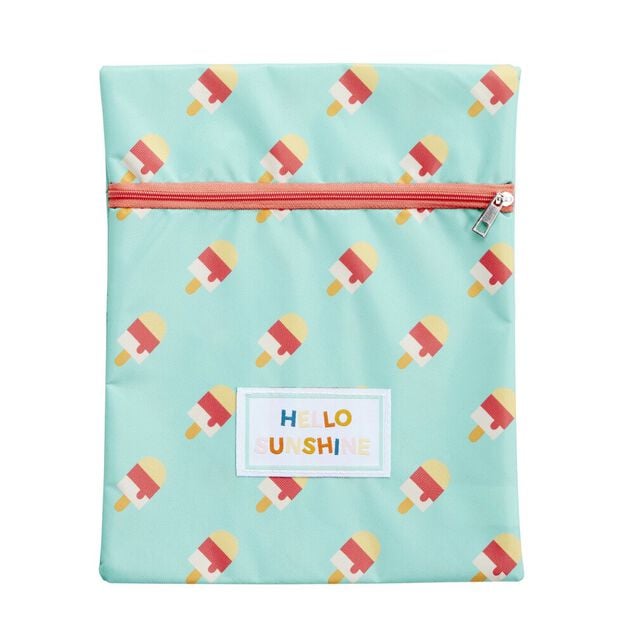 Pochette de plage PVC motif glaces Hello Sunshine bleue 21,5x27cm (2 mod&egrave;les)