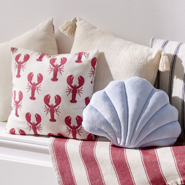 Coussin carr&eacute; beige motif homard 40x40cm