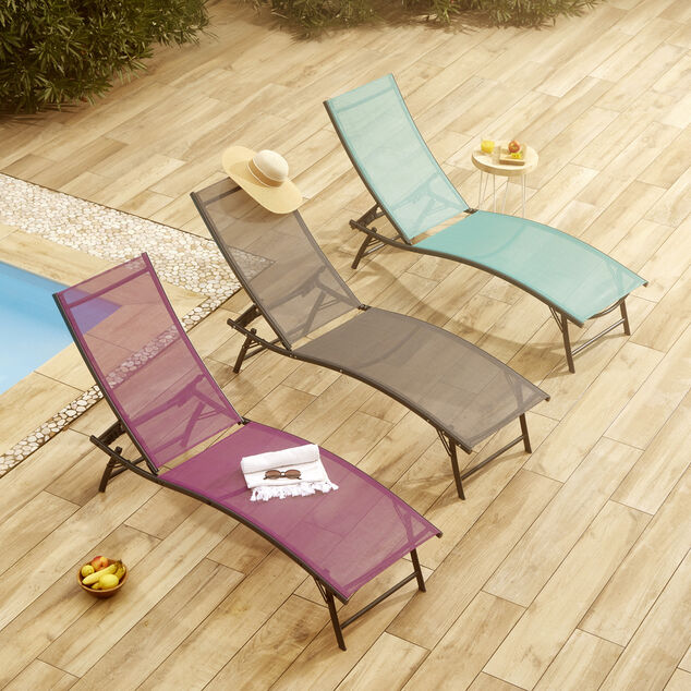 Transat bain de soleil Bahia 5 positions textil&egrave;ne bleu 182x55xH36-92cm