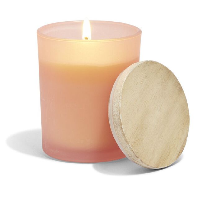 Bougie citronnelle couvercle bois verre rose &Oslash;7xH8,5cm