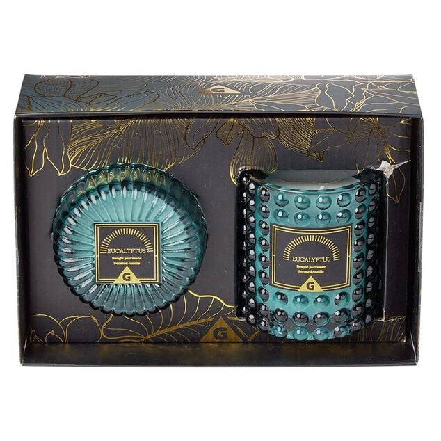Coffret senteur 2 bougies parfum&eacute;es dans verre d&eacute;co relief