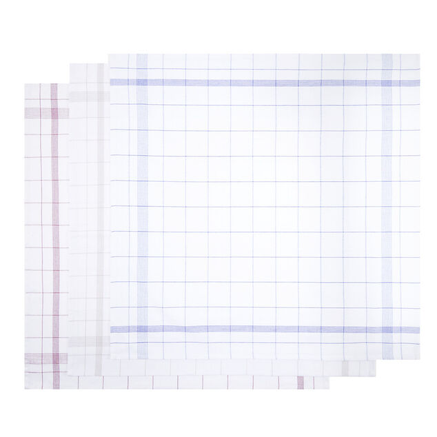 Lot de 3 torchons carr&eacute;s 70x70cm coton et lin quadrill&eacute; blanc