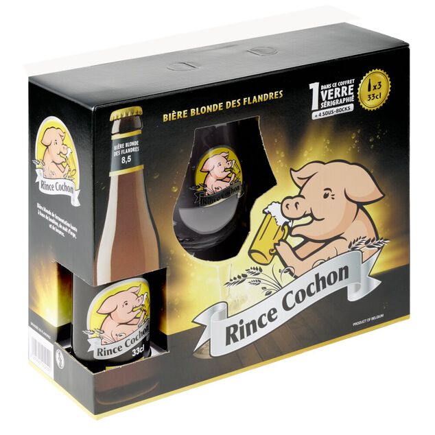 Bi&egrave;re blonde Rince Cochon 8,5% 3x33cl avec 1 verre s&eacute;rigraphi&eacute; et 4 sous-verres