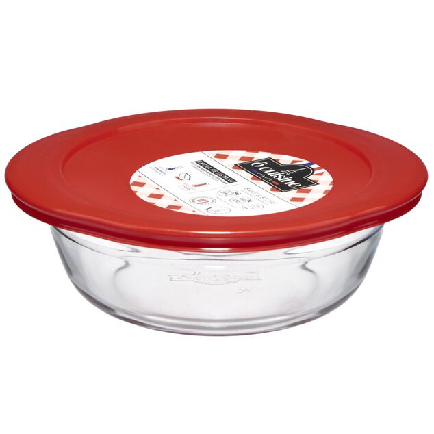 Plat &agrave; four rond en verre couvercle plastique