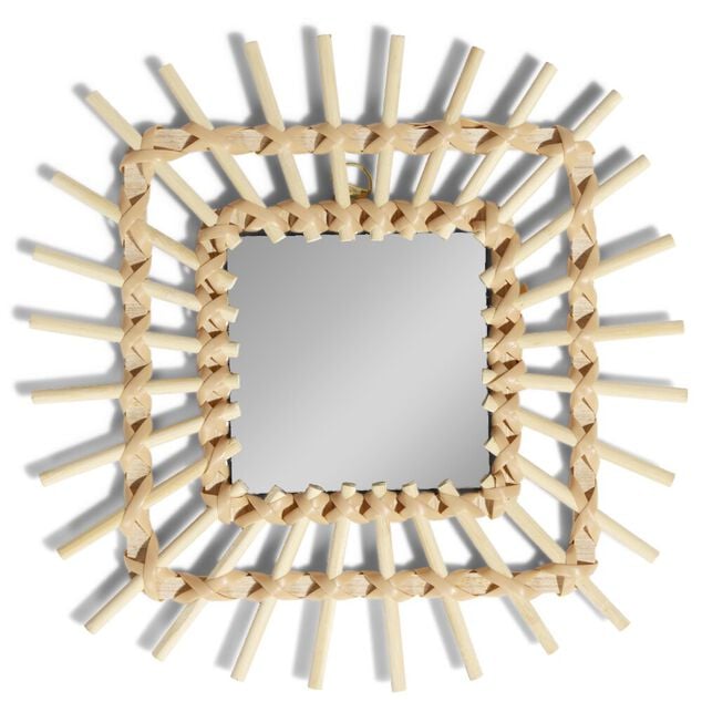 Miroir soleil carr&eacute; rotin et osier 30x30cm