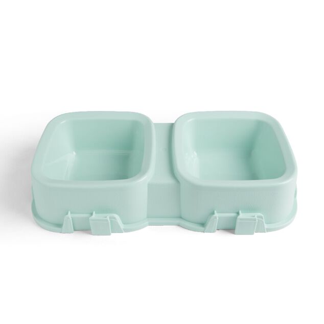 Gamelle double carr&eacute;e pour chien plastique vert - 31,8x16,6xH6,5cm