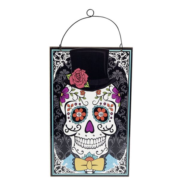 Pancarte Dia de los muertos t&ecirc;te de mort mexicaine &agrave; suspendre m&eacute;tal