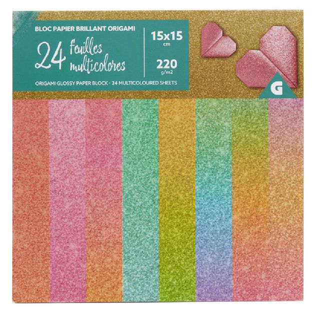 Bloc papier brillant origami multicolore 15x15cm - 24 feuilles 220g/m2