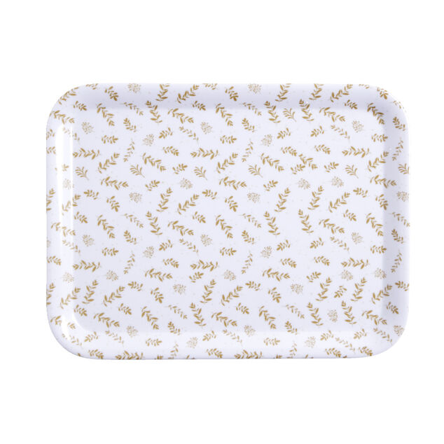Plateau de service rectangulaire mélaminé blanc motif feuillage doré 21x28cm