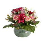 Composition florale artificielle rose dahlia eucalyptus vase c&eacute;ramique &Oslash;38cm