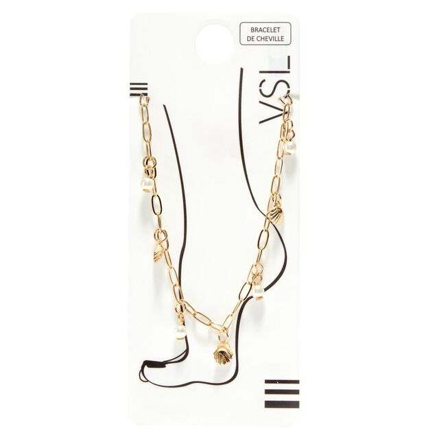 Cha&icirc;ne de cheville dor&eacute;e pendentifs perles et coquillages