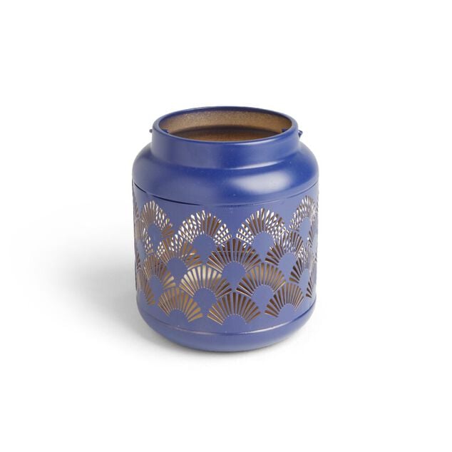 Lanterne carreaux de ciment ajour&eacute;s m&eacute;tal bleu &Oslash;12xH14cm