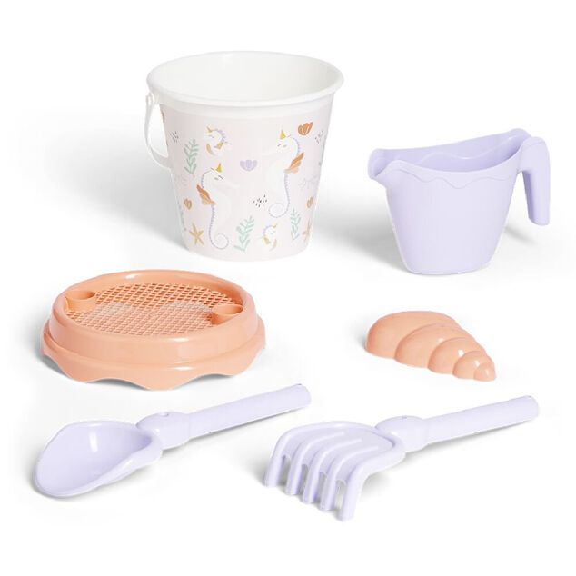 Seau de plage garni hippocampe licorne 6 pi&egrave;ces