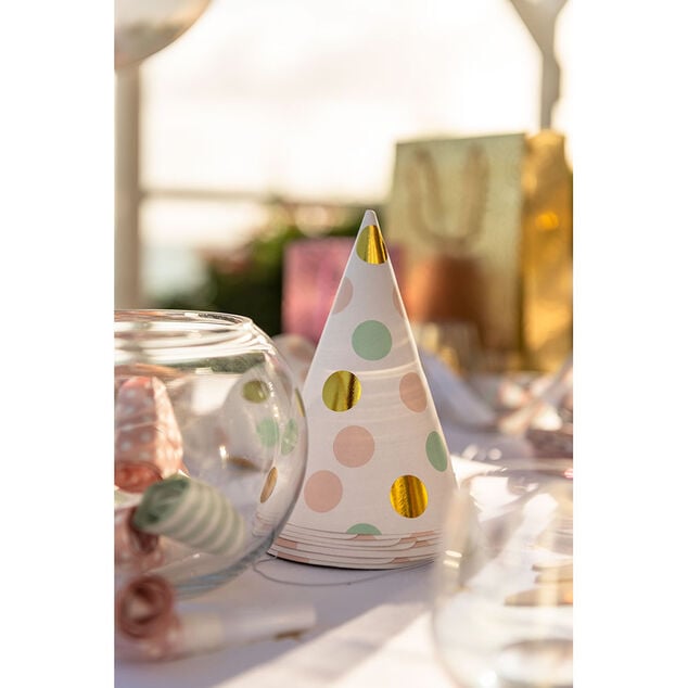 Chapeau de f&ecirc;te blanc &agrave; poids rose, vert et dor&eacute; en carton x 8