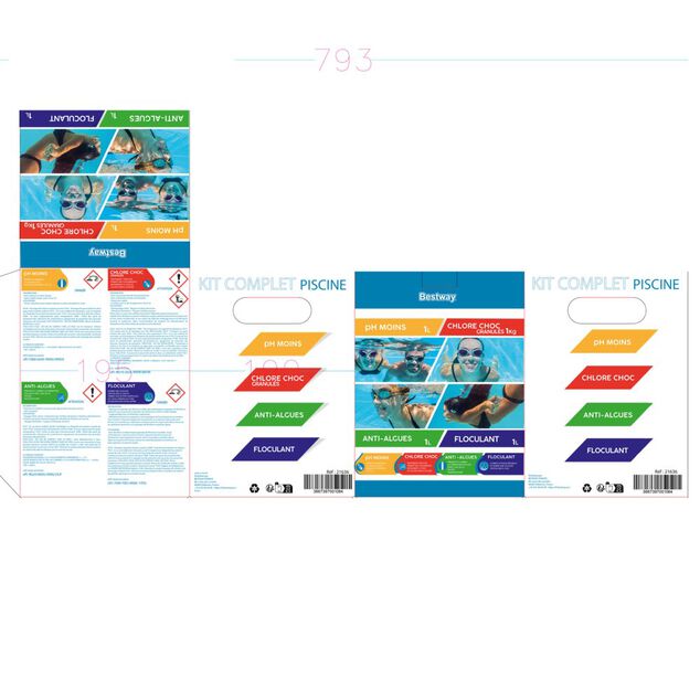 Traitement piscine Chlore choc granul&eacute;s 1kg floculant 1L anti algues 1L pH moins 1L