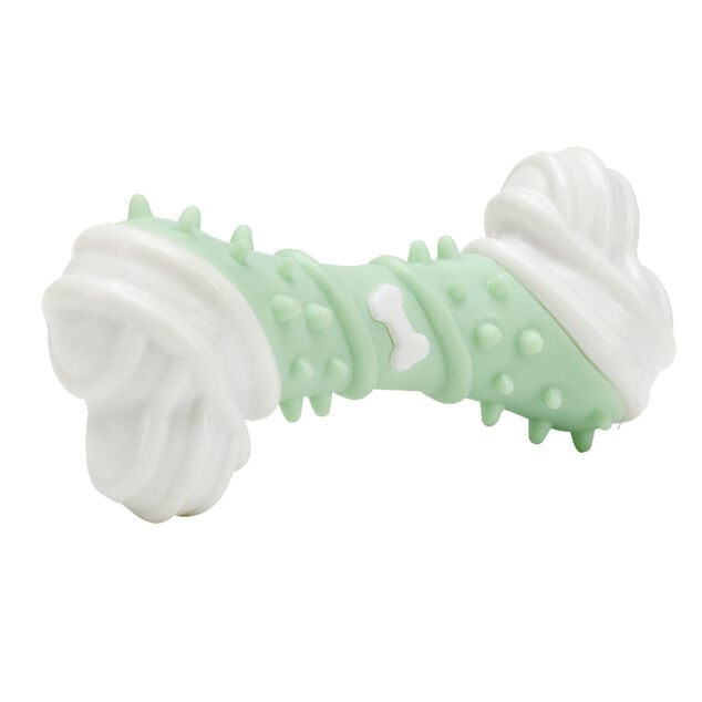 Jouet forme os pour chien &agrave; picots blanc et vert pastel L12,3cm