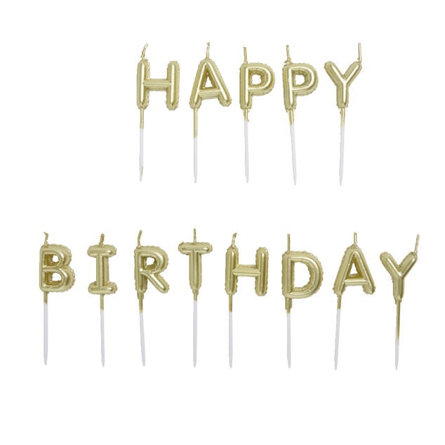 Bougies anniversaire lettres Happy Birthday dor&eacute;es H7cm