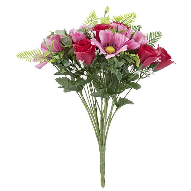 Piquet rose+an&eacute;mone+eucalyptus H41 cm rose -Fleur artificielle 24 t&ecirc;tes