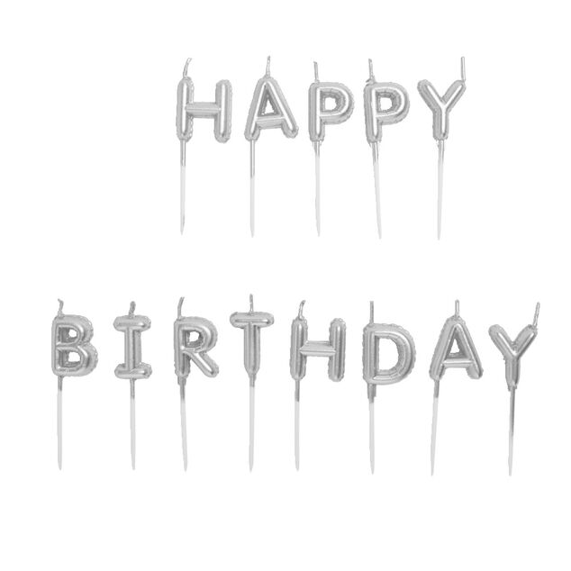 Bougie anniversaire lettres Happy Birthday argent&eacute;
