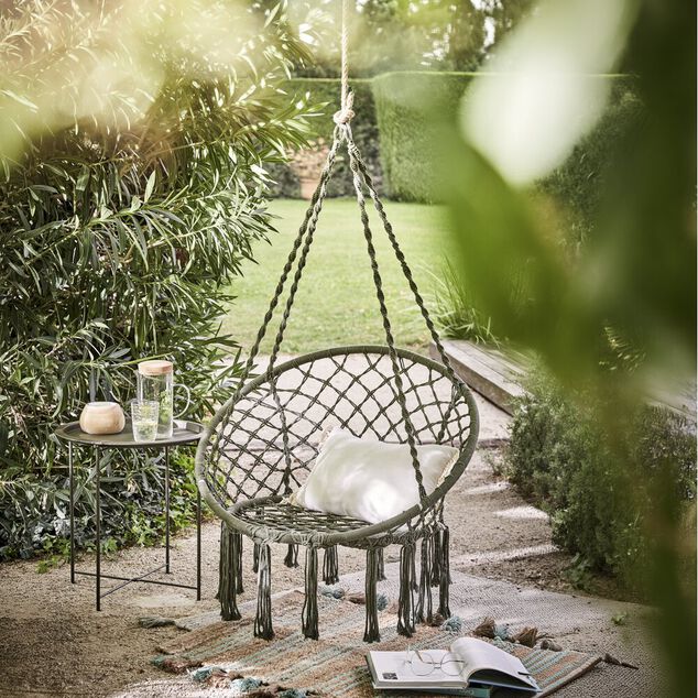 Si&egrave;ge suspendu Natura macram&eacute; vert 80x60xH125cm