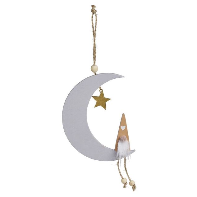 Décoration à suspendre Noël en bois lune et gnome H25cm