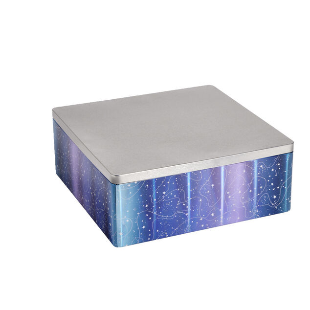 Bo&icirc;te alimentaire carr&eacute; en fer d&eacute;cor bleu et argent&eacute; 26x26xH10cm