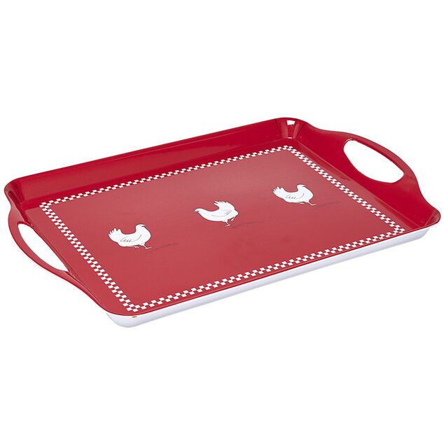Plateau rectangulaire design poule mélaminé rouge et blanc