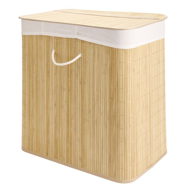 Coffre &agrave; linge 3 compartiments ext&eacute;rieur bambou doublure polyester beige 150L