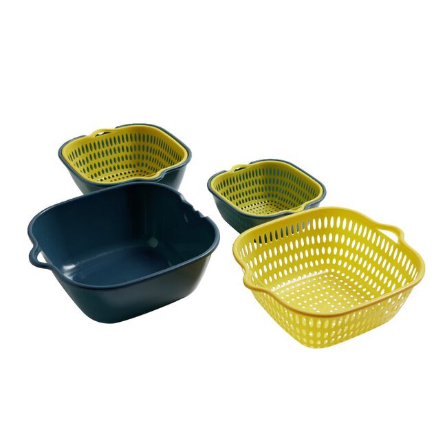 Lot de 3 passoires cuvettes carr&eacute;es bleues et jaunes