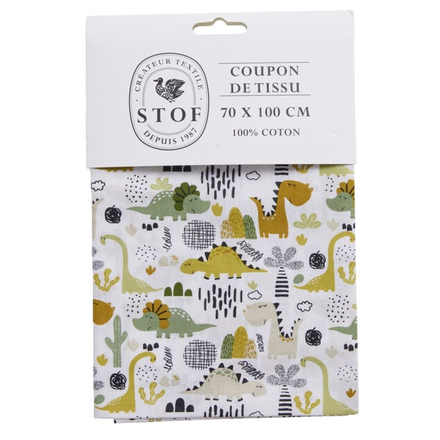 Coupon tissu imprim&eacute; dinosaures 70x100cm coton blanc, vert et orange
