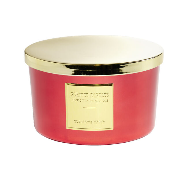 Bougie avec couvercle pot m&eacute;tallis&eacute; rouge et dor&eacute; senteur fruits rouges 30H