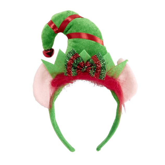 Serre-t&ecirc;te lutin de No&euml;l vert et rouge 17x24cm