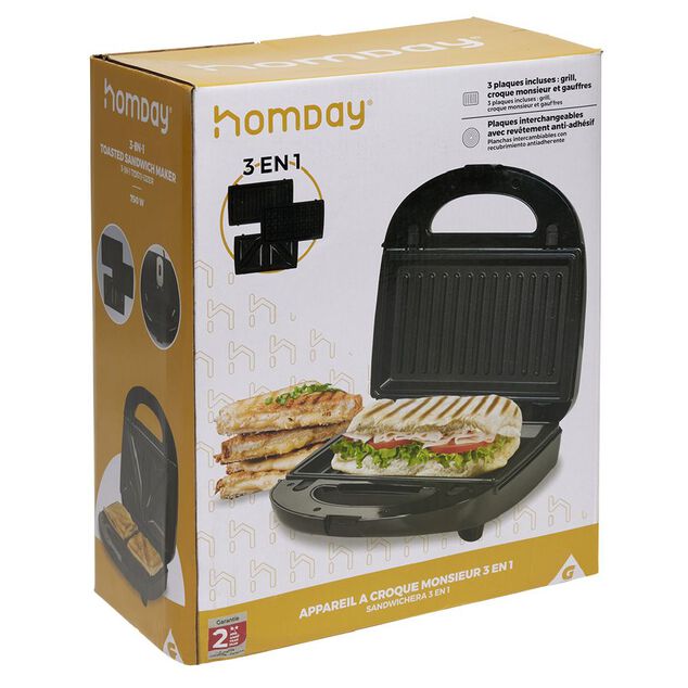 Appareil &agrave; croque monsieur 3en1 gaufre et grill 750W