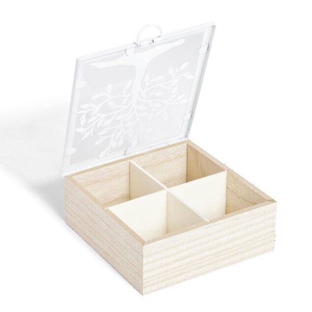 Boîte bois et métal beige et blanc motif arbre 16x16x6cm