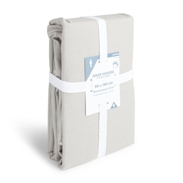 Drap housse 90x190cm 100% coton gris clair